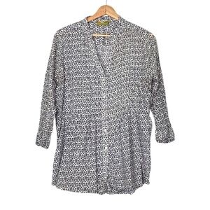 Rock Flower Paper Tunic Blouse Top Blue White Print Split V-Neckline Medium